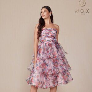 FORMAL SLEEVELESS STRAPLESS A-LINE MIDI RUFFLE DRESS W/ FLORAL PRINT NX Q842